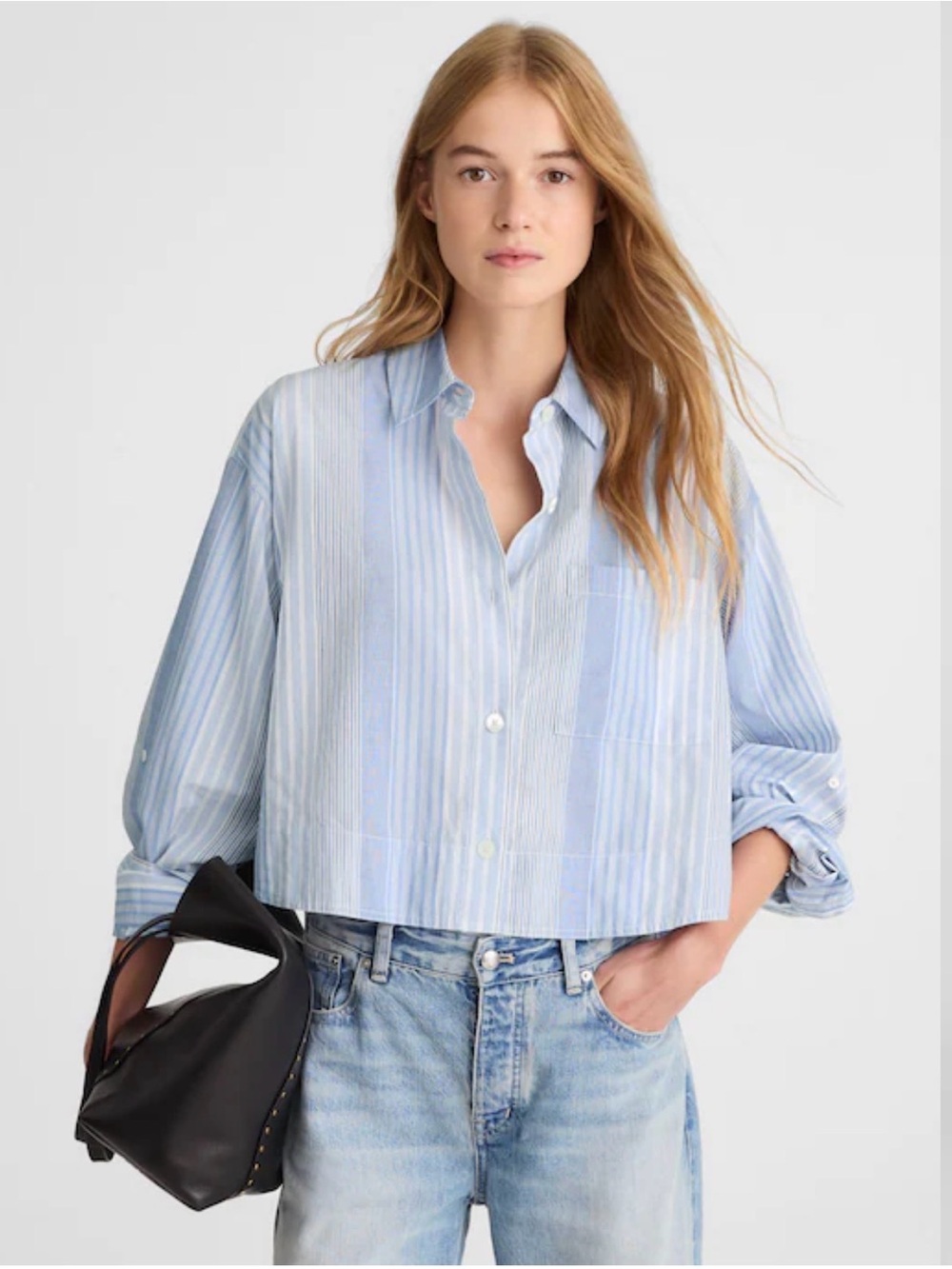 MADEWELL Curve Hem Shirt in Poplin Blue White Stripe Size Small
